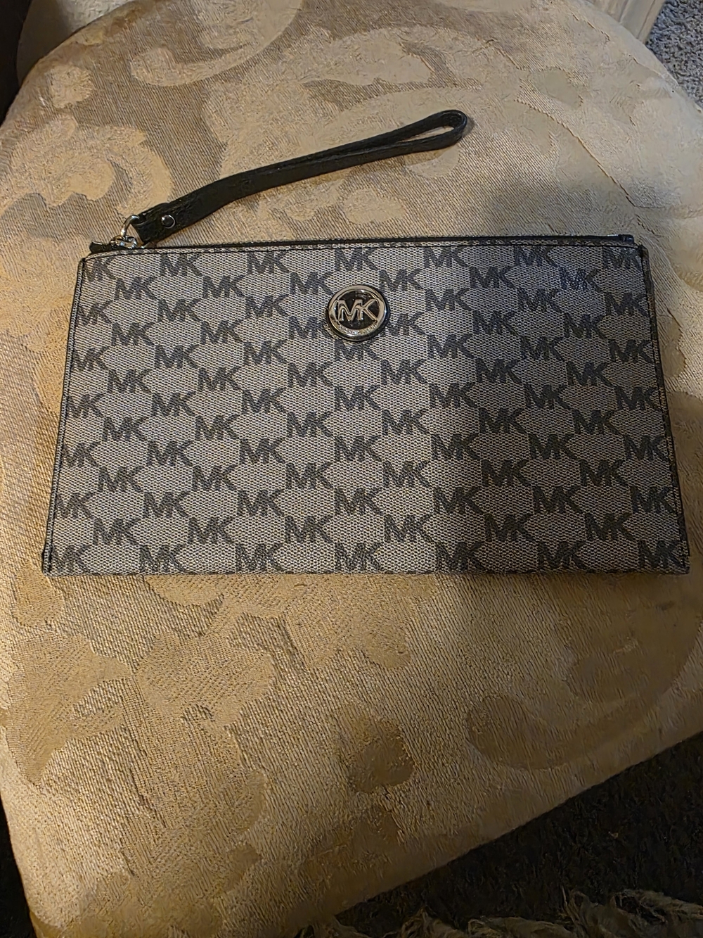 Michael Kors Beige and Black MK Logo Wristlet Clutch